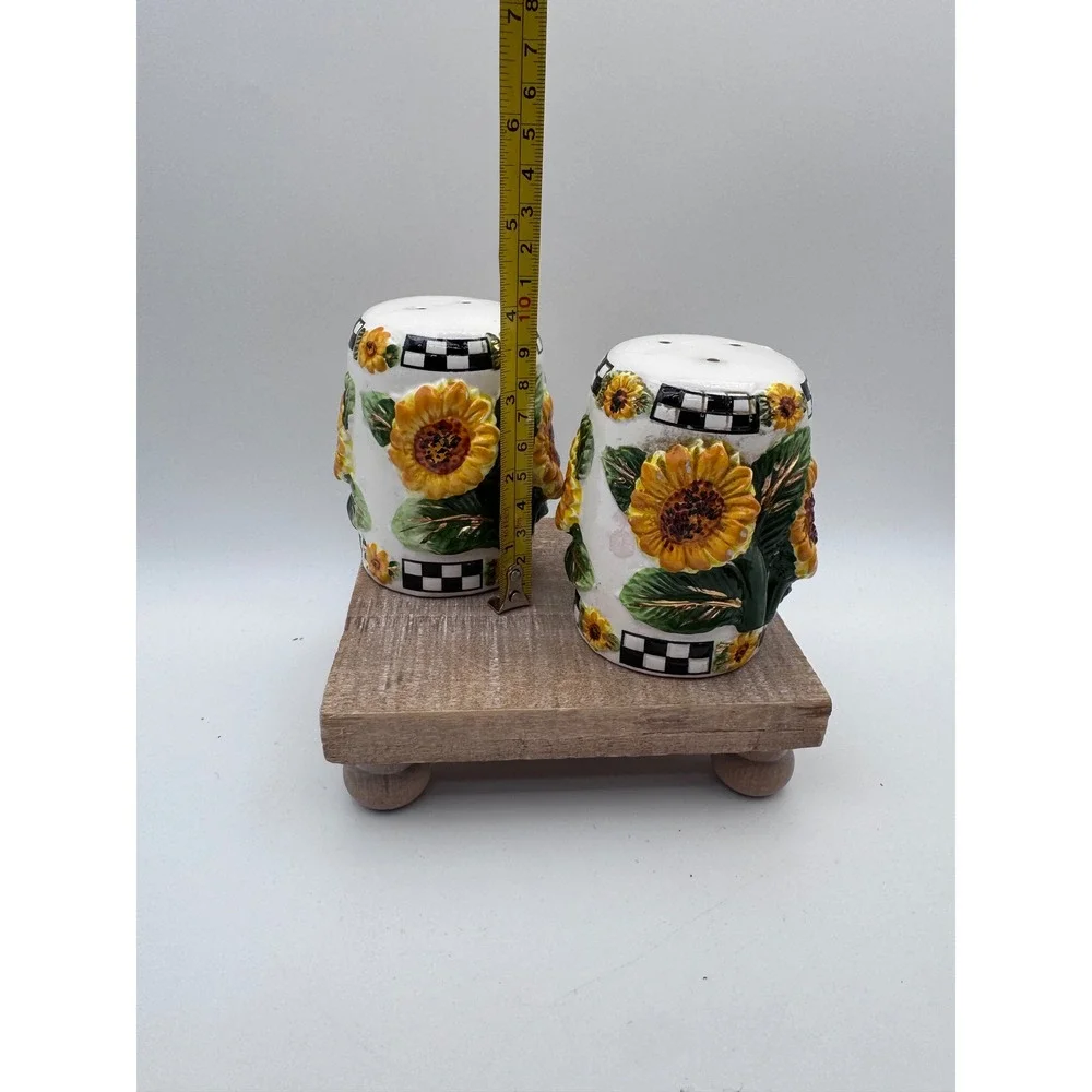 KMC Sunflower Salt and Pepper Shakers Set Ceramic Checkered Farmhouse Decor